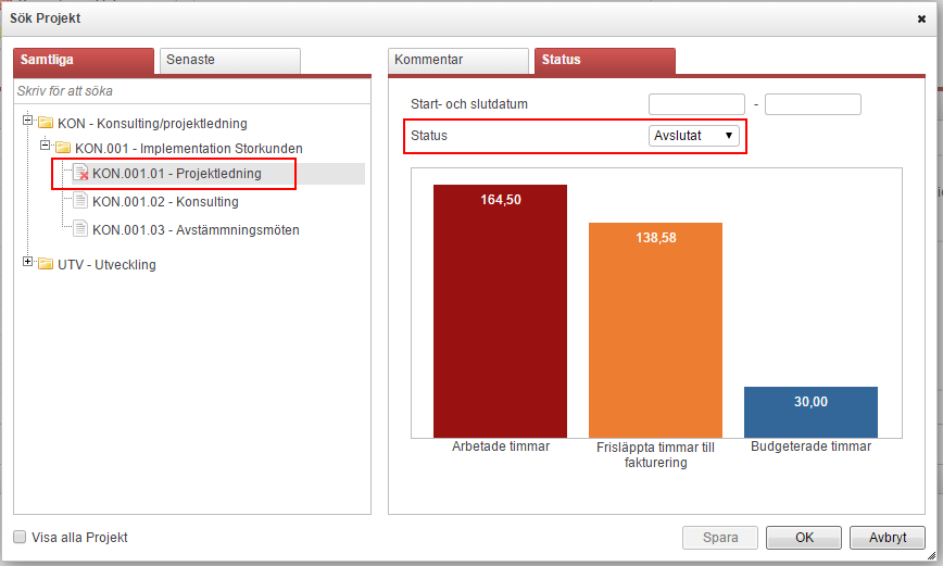 Flex HRM Time Användarmeddelande (maj 2015) 35 För att avsluta ett projekt går du in under fliken Status i projektsökdialogen. Här kan du ändra status för ett projekt till Avslutat eller Fryst.