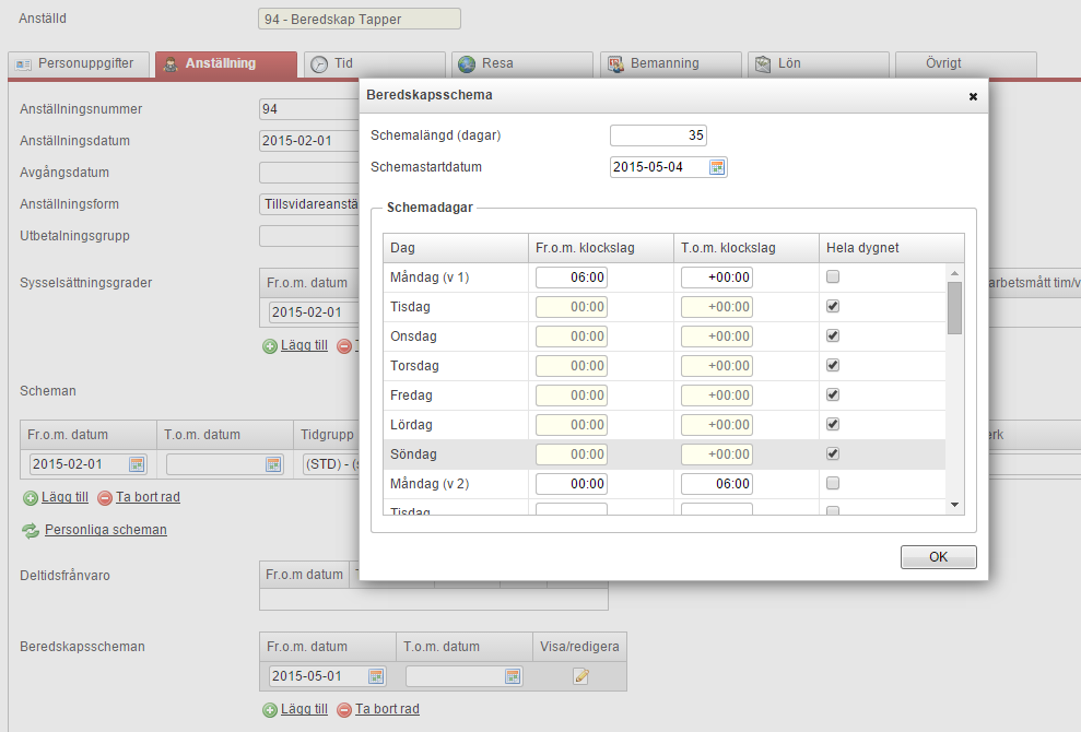 Flex HRM Time Användarmeddelande (maj 2015) 9 Beredskapsschema Beredskapsschema på en anställd läggs upp under Administration Register Anställda flik Anställning.