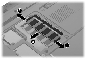 8. Lyft bort minnesmodulfackets lock (2) från datorn. 9. Om du byter ut en minnesmodul tar du bort den befintliga minnesmodulen genom att: a. Dra platshållarna (1) på minnesmodulens sidor åt sidan.