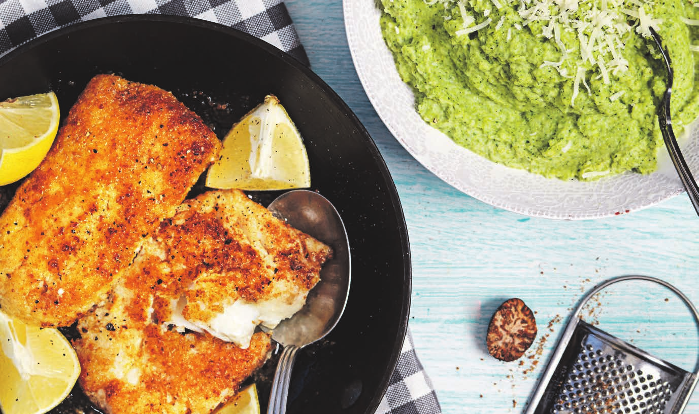 RECEPT 1 30 min 653 kcal/port Fett 39 g Kolhydrater 51 g Protein 24 g Broccolipuré med mandelpanerad fisk Fisk panerad i mandelmjöl med smaksatt broccolipuré.