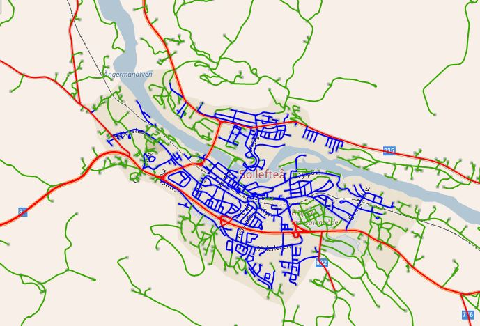 Sida 62 av 114 87 Figur 38: Omfattning av det kommunala vägnätet (markerat i blått) i Sollefteå (Trafikverket 2014) I Sollefteå kommun sköts drift och underhåll av Samhällsbyggnadskontoret som