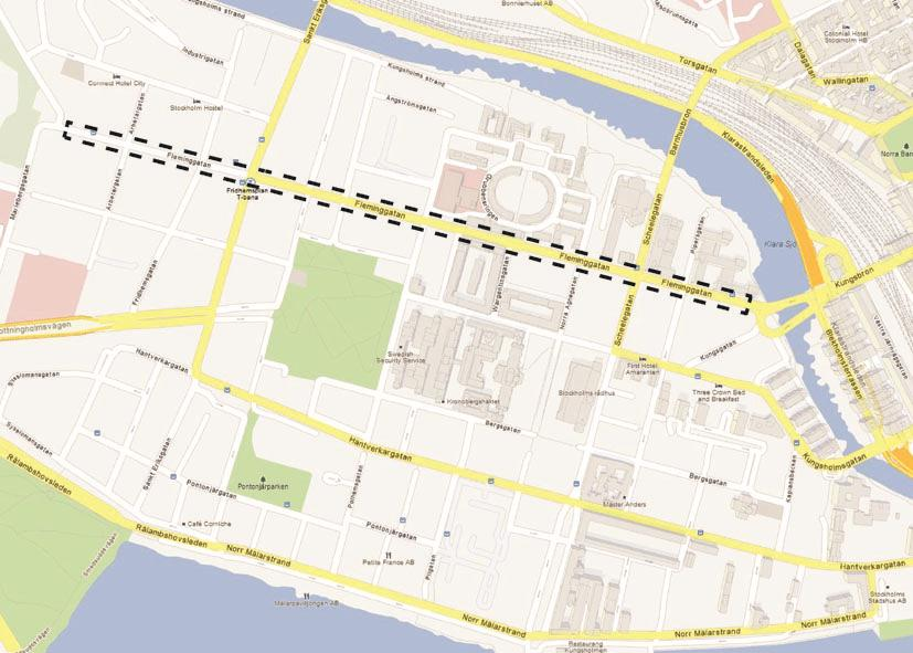 Fleminggatan Delen Igeldammsgatan - Kungsbroplan Intervall partikelhalt PM10: 53-68 ug/m3 Sträcka där halt överskrids: 930 meter Intervall NO 2 : 65-67 ug/m3 Sträcka där halt överskrids: 340 meter