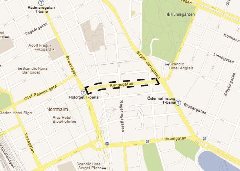 Kungsgatan Delen Sveavägen - Stureplan Intervall partikelhalt PM10: 62 ug/m3 Sträcka där halt överskrids: 420 meter Intervall NO 2 : 65 ug/m3 Sträcka där halt överskrids: 420 meter Antal fotgängare: