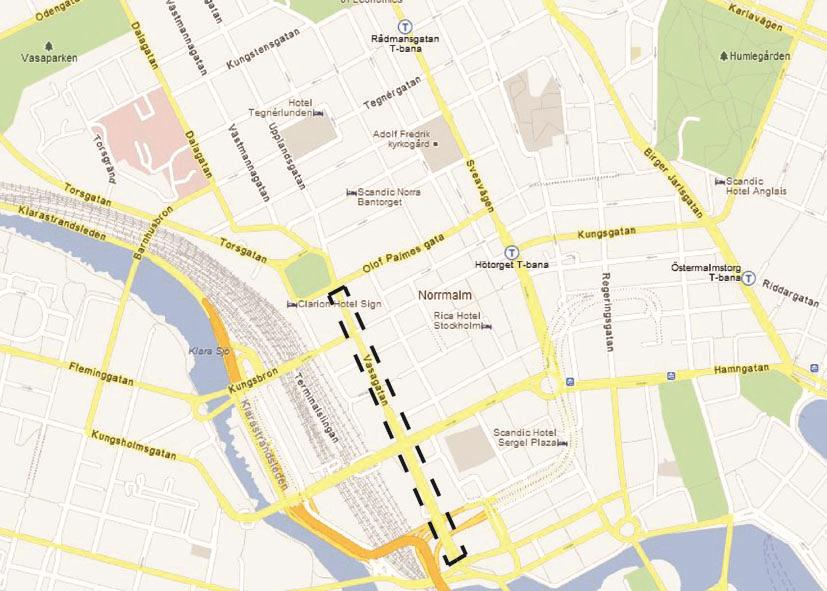 Vasagatan Delen Norra Bantorget - Tegelbacken Intervall partikelhalt PM10: 61-67 ug/m3 Sträcka där halt överskrids: 440 meter Intervall NO 2 : 65-70 ug/m3 Sträcka där halt överskrids: 440 meter Antal