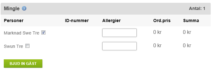 2. Hur gör jag för att boka biljetter? Du bokar dig för olika aktiviteter/biljetter genom att klicka i rutan efter ditt namn. Då blir det en siffra bredvid Antal på biljetten/aktiviteten.