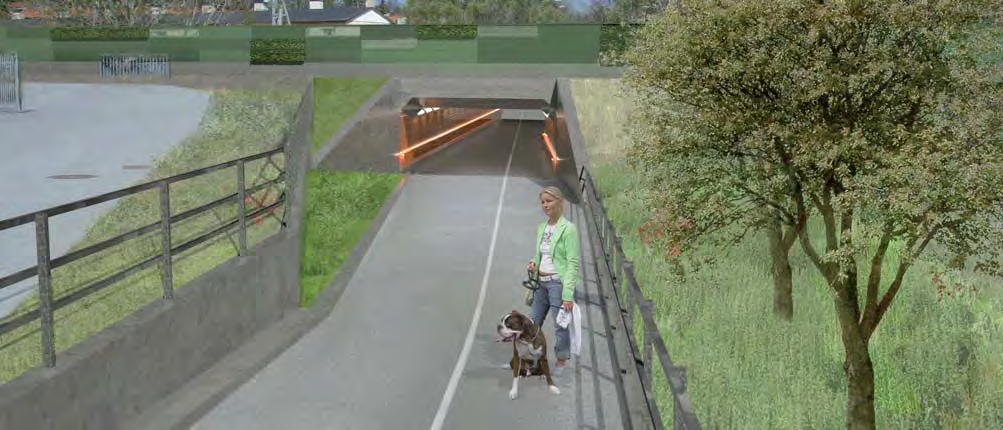 3.4 HELHETSGESTALTNING - NORRA JAKOBSBERG OCH GÖRVÄLNS NATURRESERVAT Gång- och cykeltunnel vid Historievägen Norr om Katolska kyrkan finns en befintlig gång- och cykelpassage under spåret vid