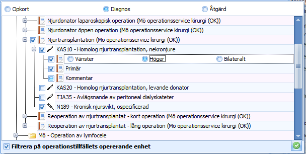 Du ska välja minst en diagnos- och en åtgärdskod. Där det är tillämpligt ska du ange aktuell sida (ev bilateralt). Den först valda koden av varje slag kommer automatiskt att markeras som primär kod.