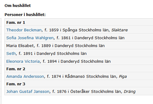 Till höger får jag upp information om övriga personer i hushållet. Pappan heter Theodor Beckman och mamman heter Sofia Josefina Wahlgren.
