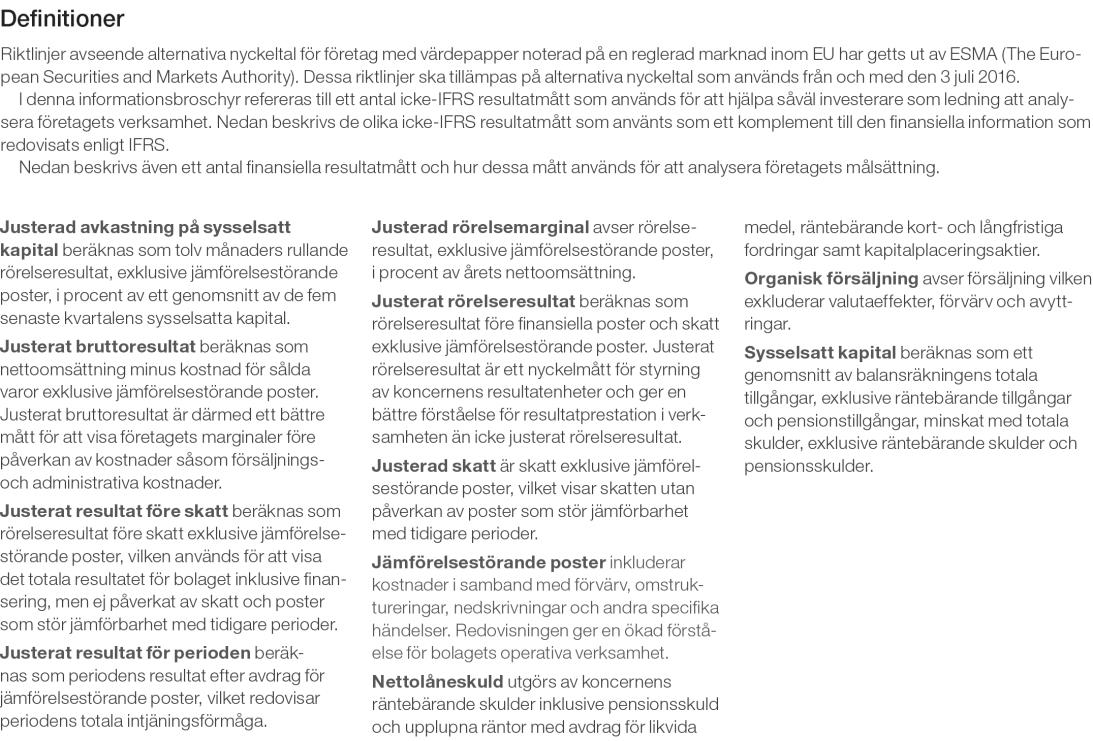 Finansiell information för SCA exklusive SCA Hygiene AB ( Hygien ) i sammandrag Nedanstående tabeller redovisar utvald finansiell information för räkenskapsåret 2016 för SCA, Hygien samt SCA