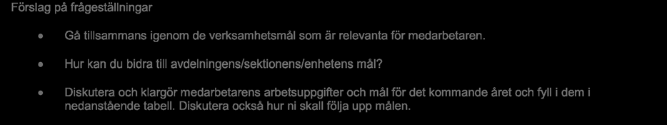 2. Arbetsuppgifter och mål Syftet är att diskutera medarbetarens arbetsuppgifter samt formulera mål för kommande period. Gå tillsammans igenom de verksamhetsmål som är relevanta för medarbetaren.