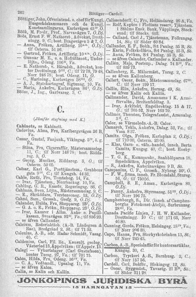 262 Böttiger-Cardell. Böttiger,'John,Öfverintend. o. chefför'kungl. Calissendorff, C., Fru, Holländareg. 26 A, Va. Husgerådskammaren och de Kungl. - Rolf, Kapten i Flottans reserv, Tjänstem.