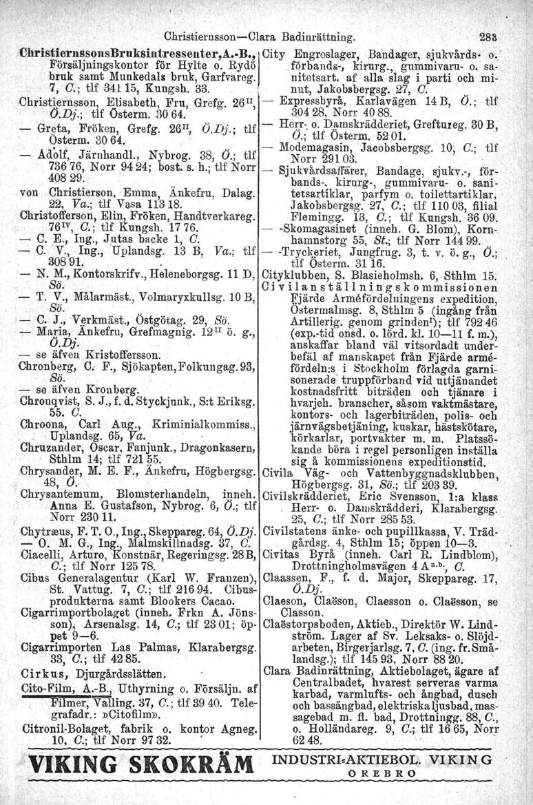 00 - o Christiernsson-Ciara Badinrättning.. 283 'CllristiernssonsBruksintressenter,A B., j City Engroslager, Bandager, sjukvårds- o.' Försäljningskontor för Hylte o. Rydö förbands-, kirurg.