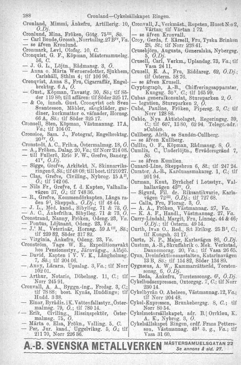 288 Cronland-Cykelsällskapet Ringen. Cronland, Mimmi, Änkefru, Artillerig. 10, Cronvall, J., Verkmäst., Repsten, Huset N:o 2, O.Dj. Värtan; tlf Värtan 1 72. Cronlund, Mina, Fröken, Götg. 75 III, Sö.