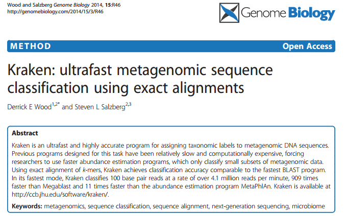 Lösning Kraken Mjukvara för ultrasnabb klassificering av reads mot en stor databas av
