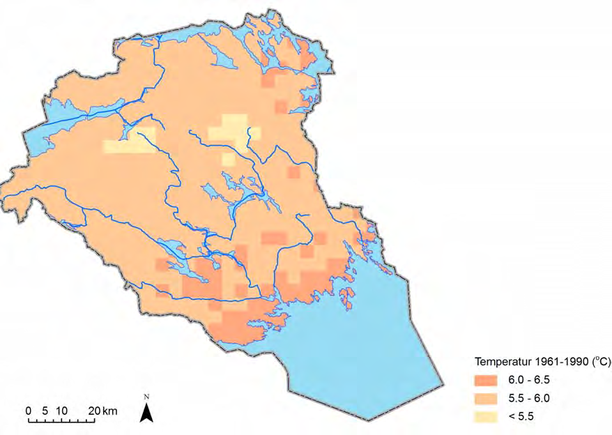 Figur5-1. Årsmedeltemperatur i Södermanlands län för perioden 1961-1990 5.1.2 Årsmedeltemperatur enligt klimatscenarier Beräknad utveckling av årsmedeltemperaturen för Södermanlands län baserat på klimatscenarier som redovisas i Bilaga 1.