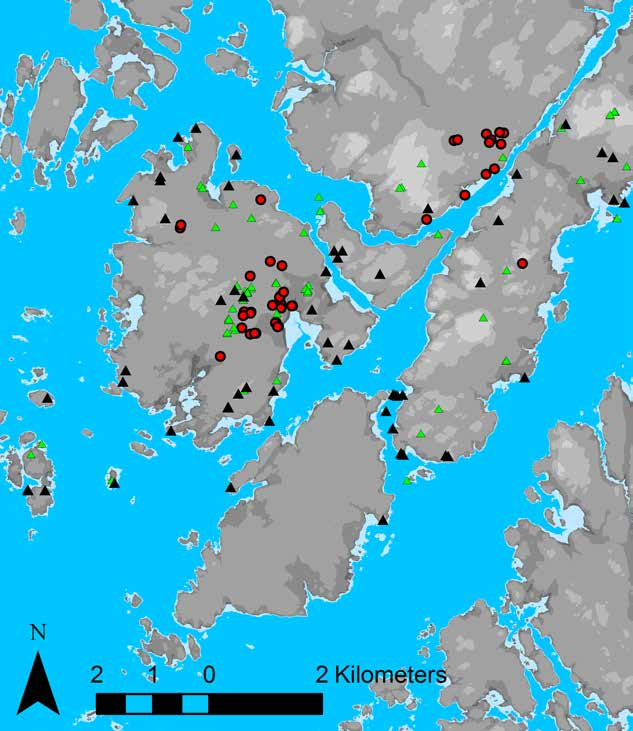 Karta 2. Map 2. Karta 2. Alla hällristningar i Lyse socken är markerade med röd prick och alla ensamliggande rösen och stensättningar är markerade med svart respektive grön triangel.