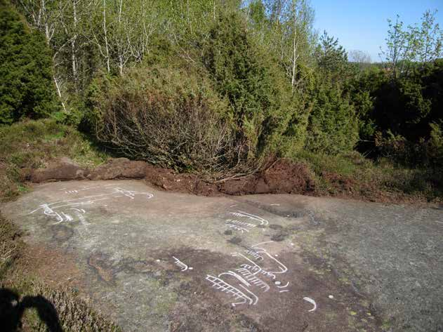 Lyse 326:1 Beskrivning: Hällristning, 4,2x2,8 m (NÖ-SV), bestående av 18 skepp, ett 20-tal fragment och 8 skålgropar. Skeppen är 22-170 cm l. Skålgroparna är 2,5-5 cm diam och 0,2-0,5 cm dj.