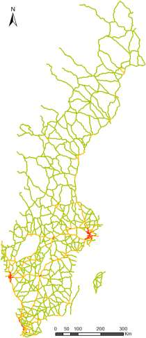 Utfall modell Utfallet från tilldelning via ovan förklarad modell utan hänsyn till övriga faktorer presenteras i Tabell 6 Grundtilldelningen av servicenivåer i siffror [km]tabell 66 samt figur 8 i