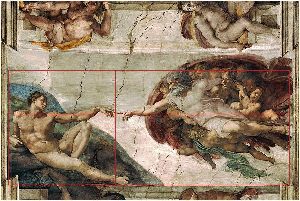 Ett exempel är Michelangelos The Creation of Adam, där Guds och Adams fingrar rör vid varandra i precis den gyllene punkten i förhållande till längden och bredden om man tittar på arean som omger de