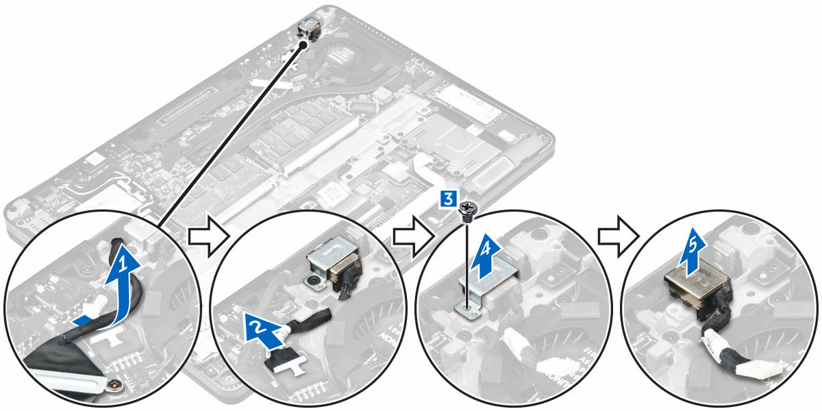 Installera strömkontaktporten 1. Skjut in strömkontaktporten i öppningen på datorn. 2. Placera metallfästet på strömkontaktporten och dra åt skruven som håller fast strömkontaktporten i datorn. 3.