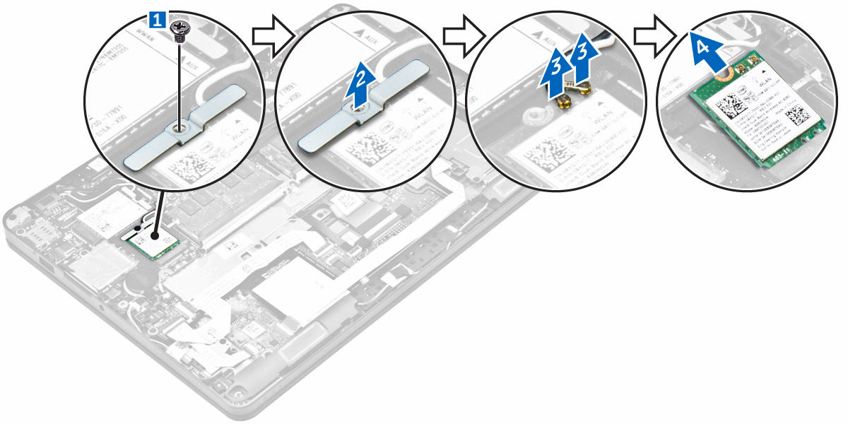 Installera WLAN-kortet 1. Sätt i WLAN-kortet i kortplatsen på datorn. 2. Dra WLAN-kablarna genom kabelhållarna. 3. Anslut WLAN-kablarna till kontakterna på WLAN-kortet. 4.