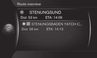 > Information om ruttens delmål och slutdestination visas. Markerad delsträcka. Räkna om resväg systemet beräknar en annan resväg där hänsyn tagits till sträckan som ska undvikas.