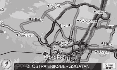 Körriktning indikeras av på vilken sida av vägen markeringen finns. Navigation utökad trafikinformation (RTTI) 1, 2 Med uppkopplad bil kan utökad trafikinformation tas emot via internet med RTTI. 2. Välj ett trafikproblem och bekräfta med OK/MENU.