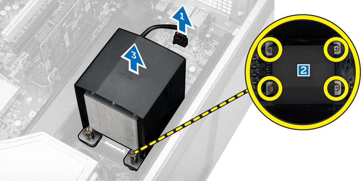 Installera systemfläkten 1. Placera fläkten i fläktmonteringen och sätt fast fästhuvudena. 2. Placera fläktmonteringen i chassit. 3. Installera skruvarna som håller fast fläktmonteringen i chassit. 4.