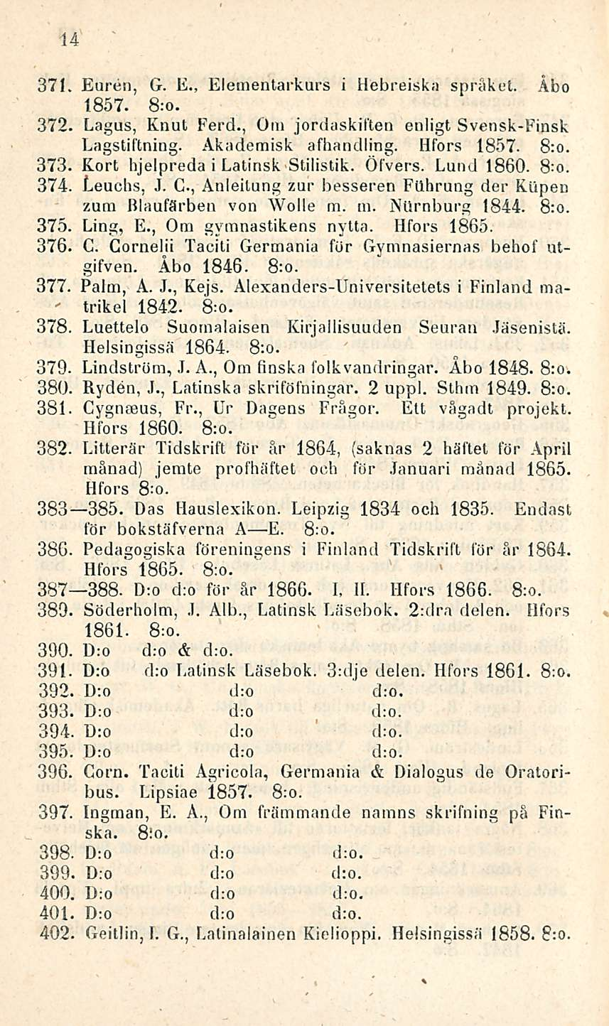 14 371. Euren, G. E., Elementarkurs i Hebreiska språket. Åbo 1857. 8:o. 372. Lagus, Knut Ferd., O m jordaskiften enligt Svensk-Finsk Lagstiftning. Akademisk afhandling. Hfors 1857. 8:0. 373.
