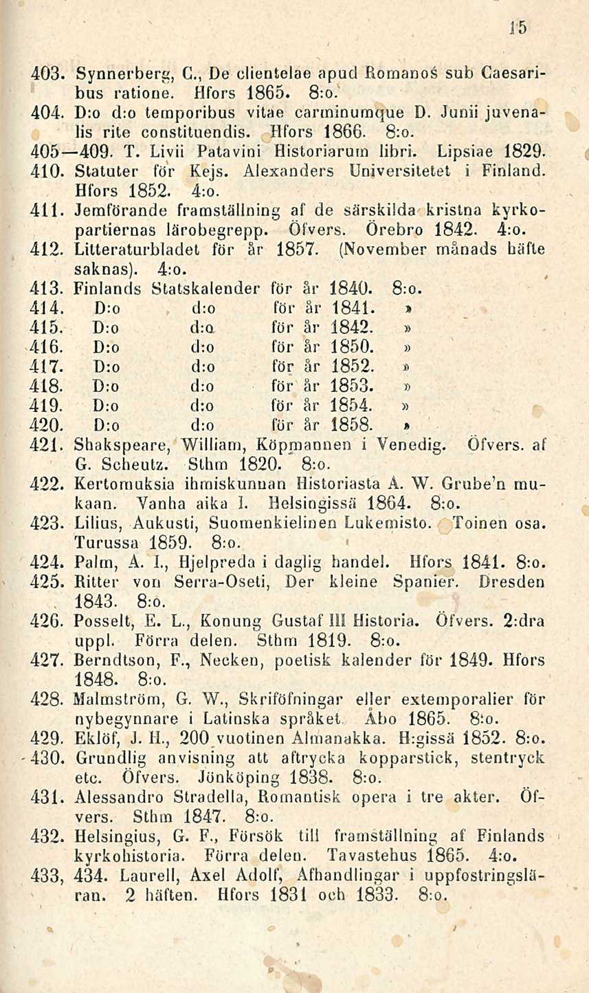 15 403. Synnerberg, C., De clientelae apud Romanoå sub Caesaribus ratione. Hfors 1865. 8:o. 404. D:o d:o temporibus vitae carminumque D. Junii juvenalis rite constituendis. Hfors 1866. 8;o.