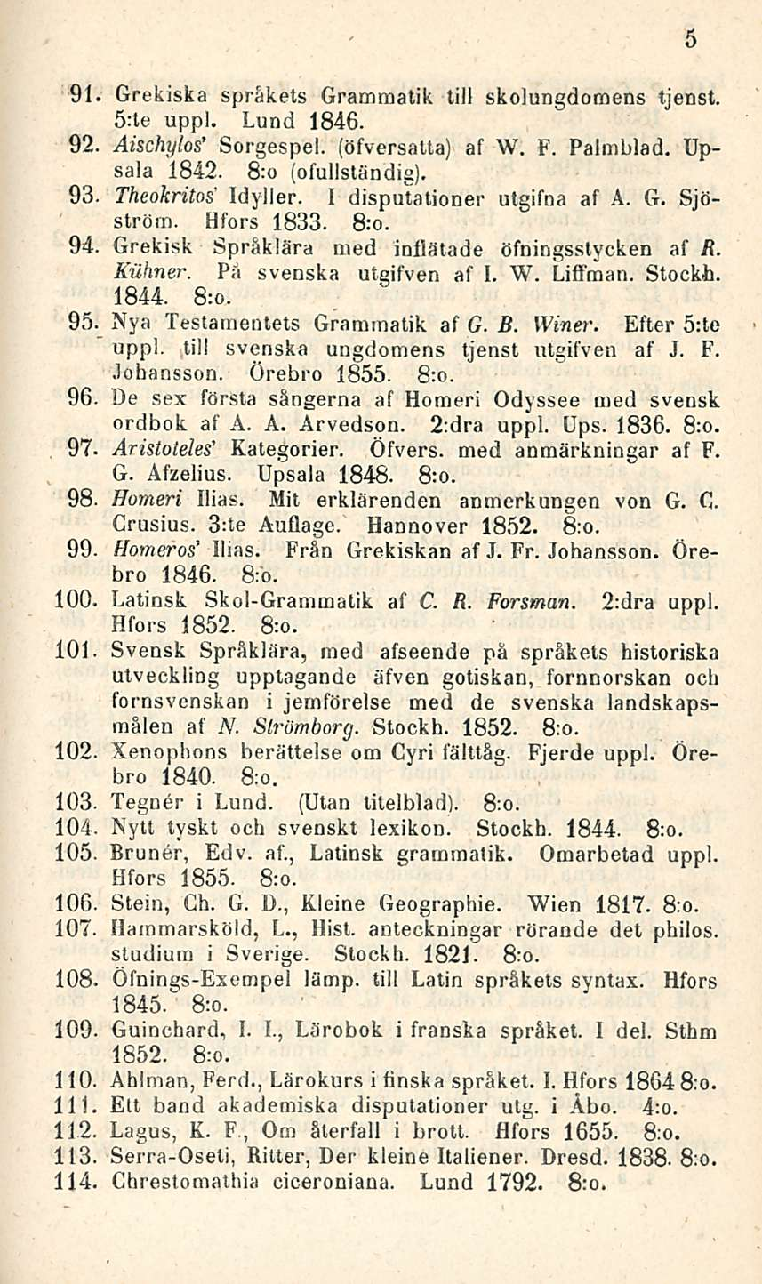 91. Grekiska språkets Gramraatik tili skolungdomens tjenst. s:te uppl. Lund 1846. 92. Aischylos' Sorgespel. (öfversatta) af W. F. Palmblad. Upsala 1842. 8:o (ofullständig). 93. Theokritos Idyller.