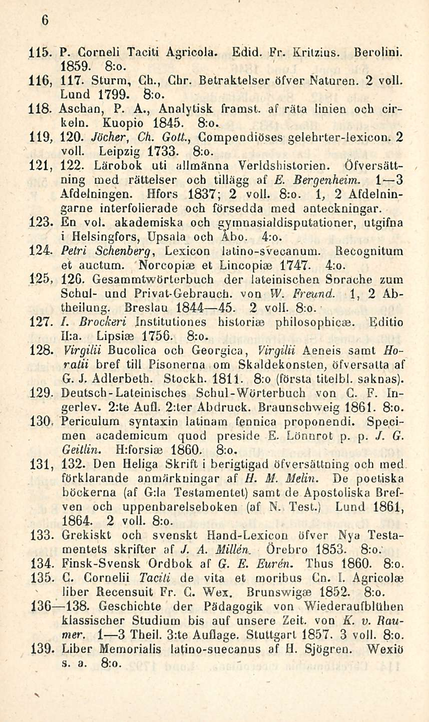 6 115. P. Gorneli Taciti Agricola. Edid. Fr. Krilzius. Berolini. 1859. 8;o. 116, 117. Sturra, Ch., Ghr. Betraktelser öfver Naturen. 2 voll. Lund 1799. 8:o. 118. Asehan, P. A., Analytisk framst.