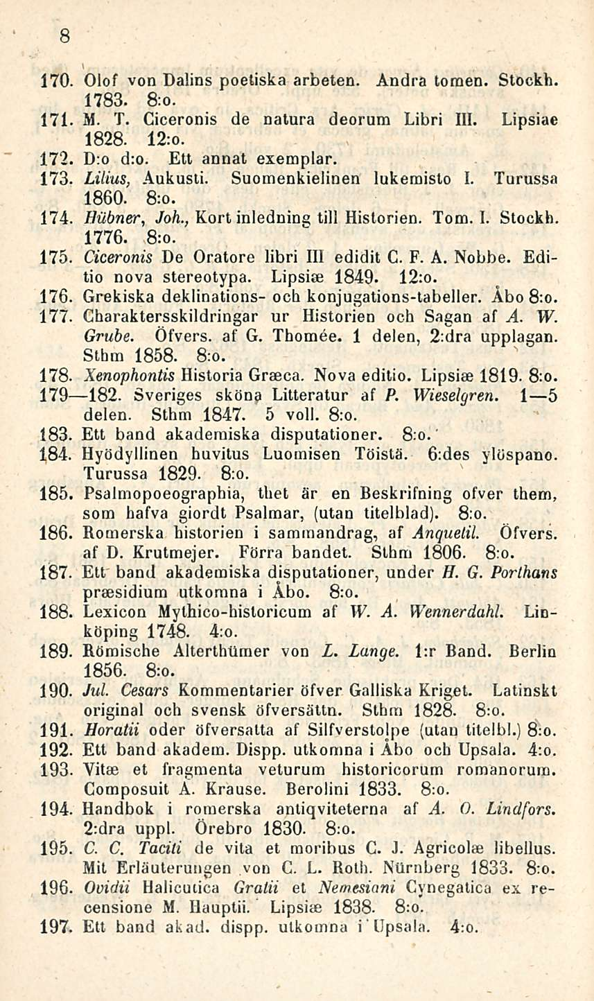 8 170. Olof von Dalins poetiska arbeten. Andra tomen. Stockh. 1783. 8:o. 171. M. T. Ciceronis de natura deorura Libri 111. Lipsiae 1828. 12:o. 172. D:o d:o. Ett annat exemplar. 173. Lilius, Aukusti.