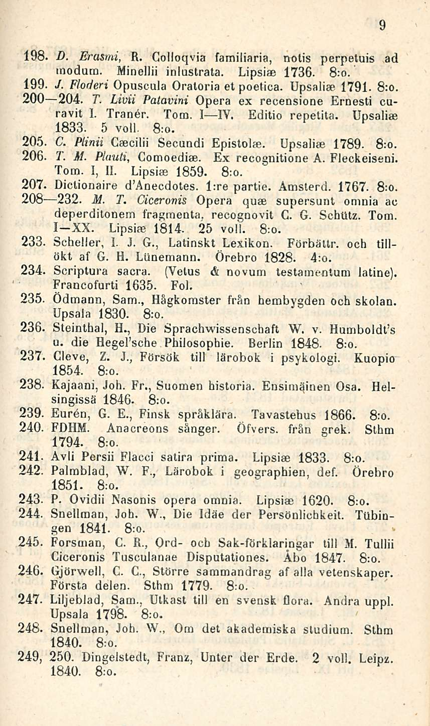 198. D. Erasmi, R. Colloqvia farniliaria, notis perpetuis ad modutn. Minellii inlustrata. Lipsiae 1736. 8:o. 199. J. Floderi Opuscula Oratoria et poetica. Upsaliae 1791. 8:o. 200 204. T.