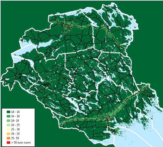 Partiklar, PM10 Figur 4-6 visar beräknade dygnsmedelhalter av PM10 i Södermanlands län och i Eskilstuna tätort samt årsmedelhalter i Eskilstuna tätort.