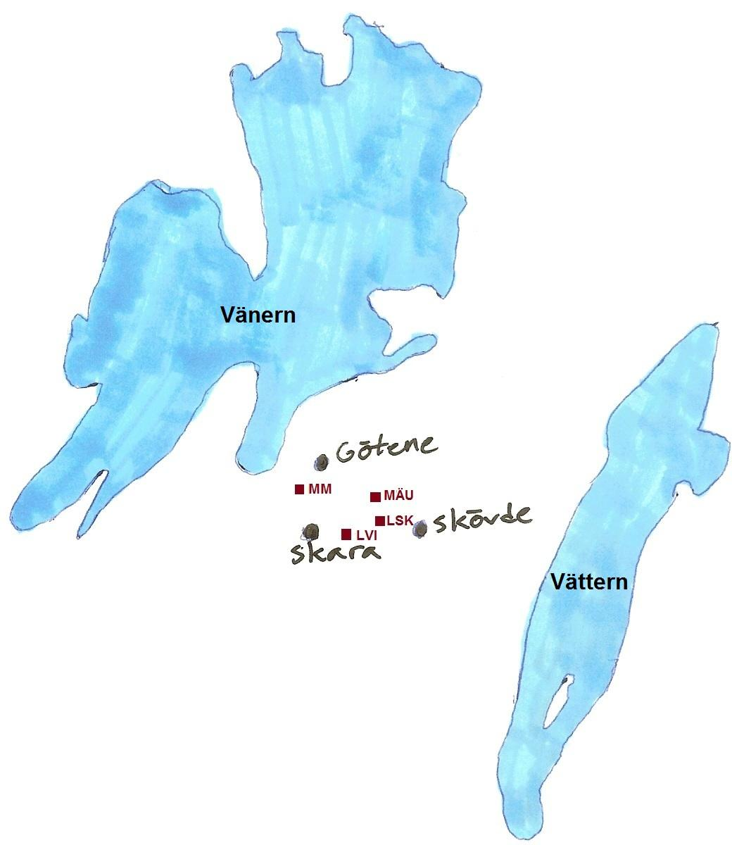 Fig. 1 Karta över de inventerade lokalerna, här markerade med röda fyrkanter.