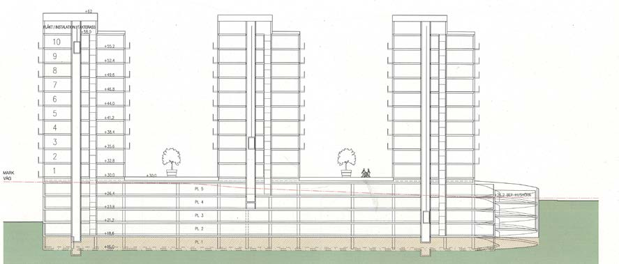 Parkering Längdsektion Fasad mot väster Natur och grönområden I sluttningen nedanför och norr om planområdet finns en