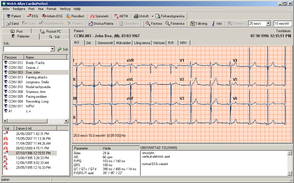 1. Komma igång CardioPerfect Workstation 1.1 Fönstret Welch Allyn Cardio Perfect Vilo-EKG Detta avsnitt ger dig information om de olika delarna av modulen Welch Allyn CardioPerfect Vilo-EKG.