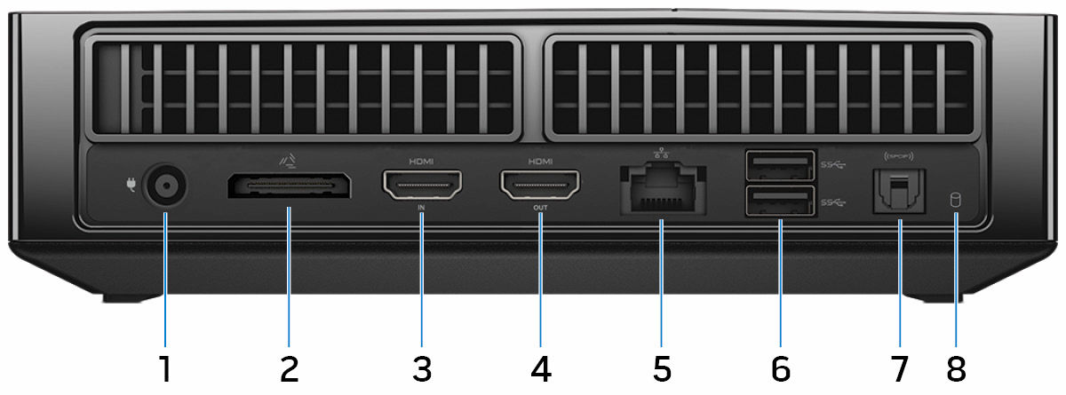 Baksida 1 Nätadapterport Anslut en nätadapter för att förse datorn med ström. 2 Graphics Amplifier-port Ansluta Alienware Graphics Amplifier.