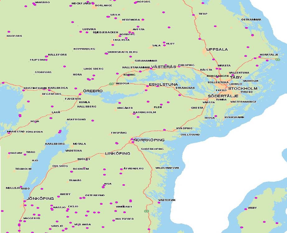 om mottagningsplatsernas antal och geografiska placering inom och omkring regionen användes utsökningar ur SDC:s register över mottagningsplatser vilket visas i figur 3. Figur 3.