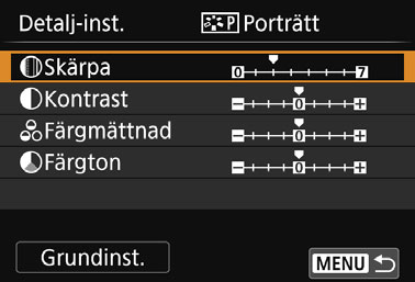 A Anpassa en bildstilk Du kan anpassa en bildstil genom att justera enskilda parametrar, till exempel [Skärpa] och [Kontrast]. Ta provbilder för att se effekten.