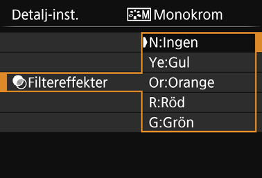 A Anpassa en bildstilk V Monokrom inställning För Monokrom kan du, förutom [Skärpa] och [Kontrast], som förklaras på föregående sida, även ställa in [Filtereffekter] och [Toningseffekt].