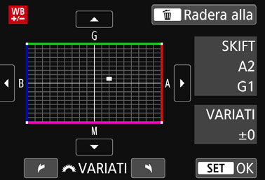 Den här funktionen är avsedd för avancerade användare som är vana vid att använda filter för färgtemperatur eller färgkompensation. Vitbalanskorrigering 1 Välj [VB variation].