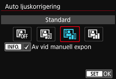 I baszonens metoder ställs [Standard] in automatiskt. 1 2 Välj [Auto Lighting Optimizer/ Auto ljuskorrigering].