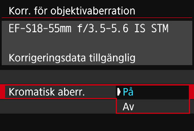 3 Korrigering av objektivets periferibelysning och aberration Kromatisk aberrationsjustering 1 2 Välj inställningen.