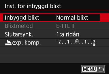 Du rekommenderas att ställa in [E-TTL II mätare] på [Evaluerande]. Även om den inbyggda blixten är avstängd när [Enkel trådl.