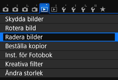 Om du raderar en RAW+JPEG-bild raderas både RAW- och JPEG-bilden. Radera en enbild 1 2 Visa bilden som ska raderas. Tryck på knappen <L>. Då öppnas menyn Radera. 3 Radera bilden.