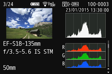 B: Visning av fotograferingsinformation Information om objektiv/histogram