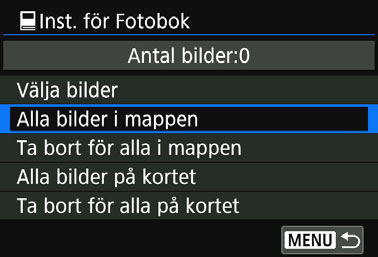 p Ange vilka bilder som ska ingå i en fotobok Välja alla bilder i en mapp eller på ett kort Du kan välja alla bilder i en mapp eller på ett kort på en gång. När [x1: Inst.