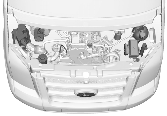 Underhåll ÖVERSIKT - MOTORRUM - 2.4L DURTORQ-TDCI (PUM) DIESEL B C D E J I H G F E70607 B C D E F G H Luftrenare Broms- och kopplingsvätskebehållare.